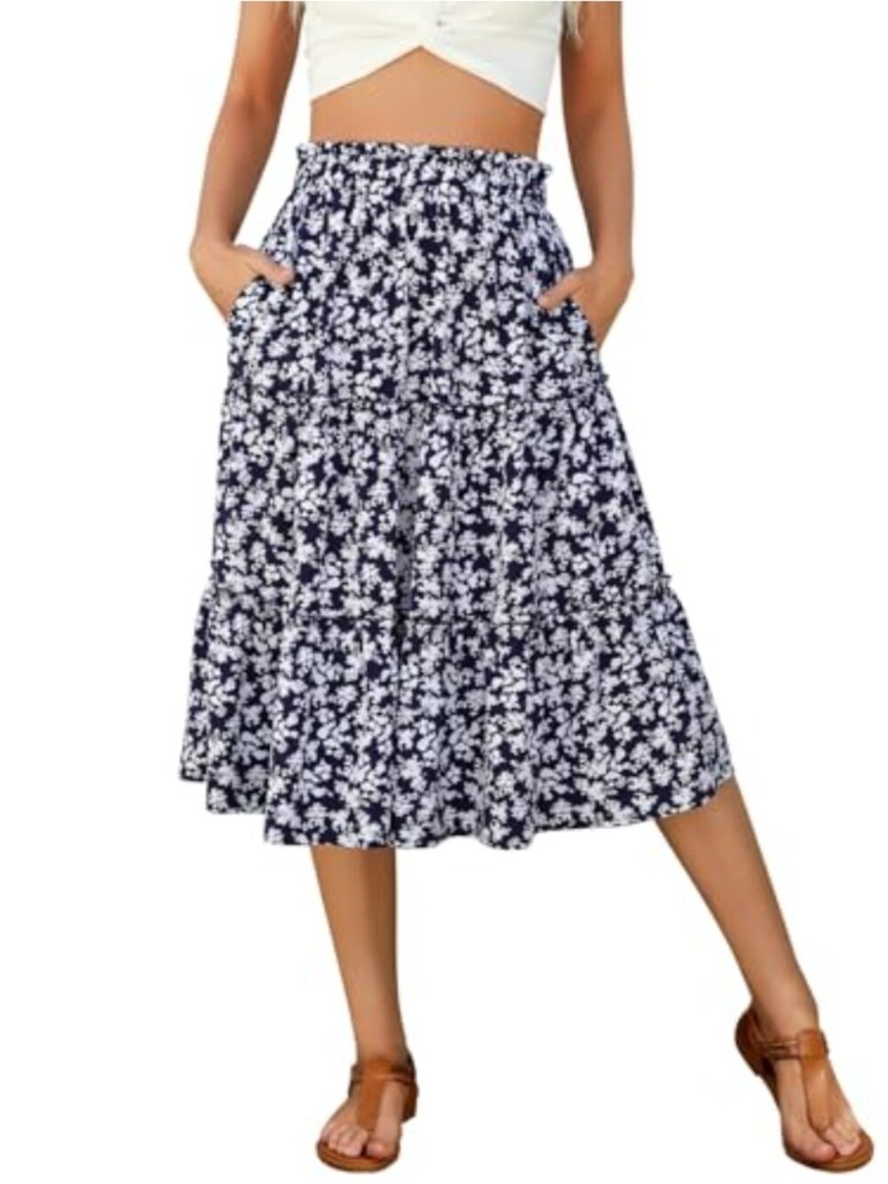 A Line High Waist Tiered Ruffle Midi Skirt with Pockets Flowy